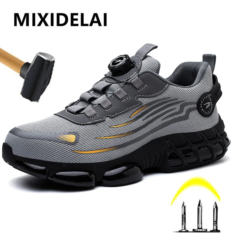 Breathable Men Boots Rotating Buttons Safety Shoes Men Puncture-Proof Work Boots Steel Toe Shoes Light Indestructible Shoes