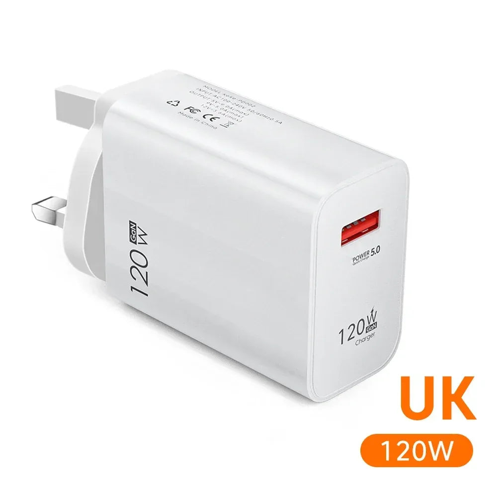 USB GaN 120W Charger Quick Charge 3.0 EU/US Plug Phone Charger Adapter Type C Wire For iPhone Samsung Xiaomi Huawei Fast Charger