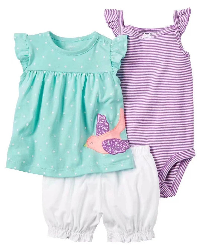 Newborn Baby Girl Clothes Set Summer Fashion Flower Cotton Infant Outfits Short Sleeved Bodysuit Shorts 3Pcs Toddler Clothing