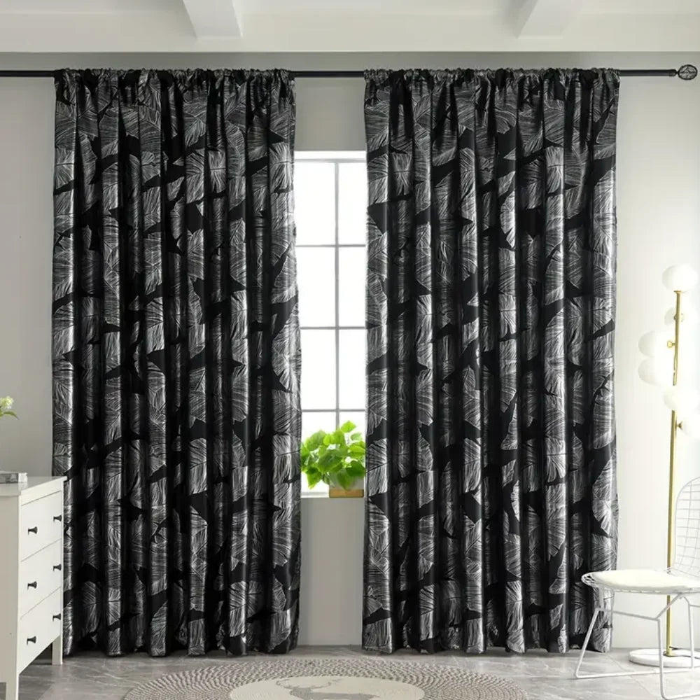Single Layer Blackout Curtain with Leaf Pattern Print, High Precision Silver Color Drapes, Premium Light Blocking Fabric for Hom