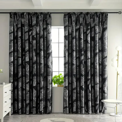 Single Layer Blackout Curtain with Leaf Pattern Print, High Precision Silver Color Drapes, Premium Light Blocking Fabric for Hom