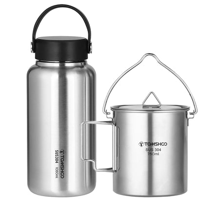 TOMSHOO 1050ml Stainless Steel Water Bottle Leak Proof Sports Bottle with 750ml Water Cup Coffee Mug Hanging Pot for Outdoor