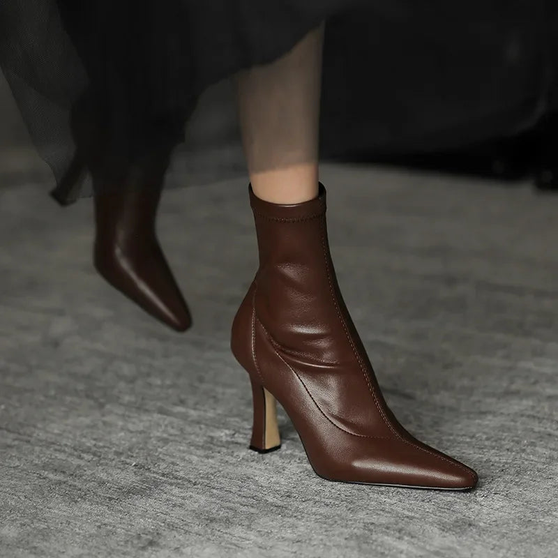 Women High Heel Short Leather Boots  New Boots Female Pointed Thin Heel Boots Ladies Ankle Short Boots Botas De Mujer 2024