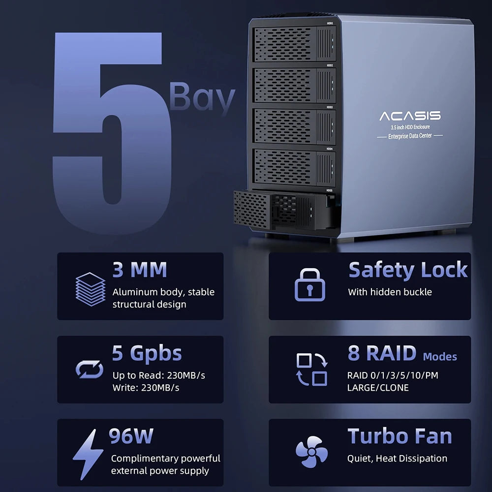 Acasis Hard Drive Docking Station 5 bay SATA HDD Docking Station Aluminum HDD Case Support 8 Raid Mode for 2.5/3.5 inch HDD/SSD