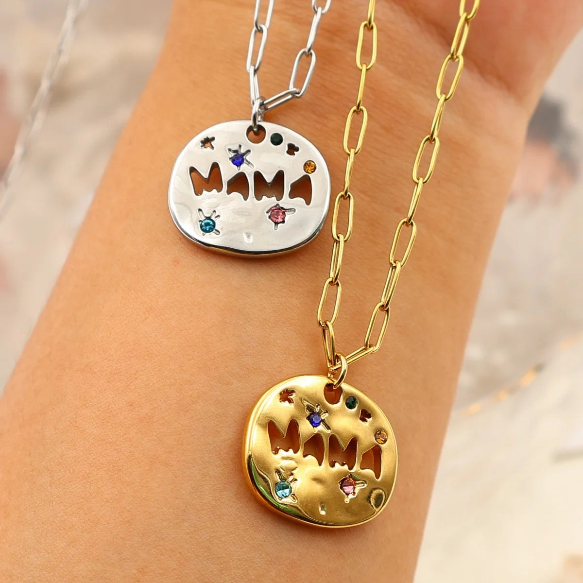 Mother's Day Thanksgiving Pendant Necklace Colorful Full Zircon Irregular Round Letter Mama Stainless Steel Paperclip Necklace