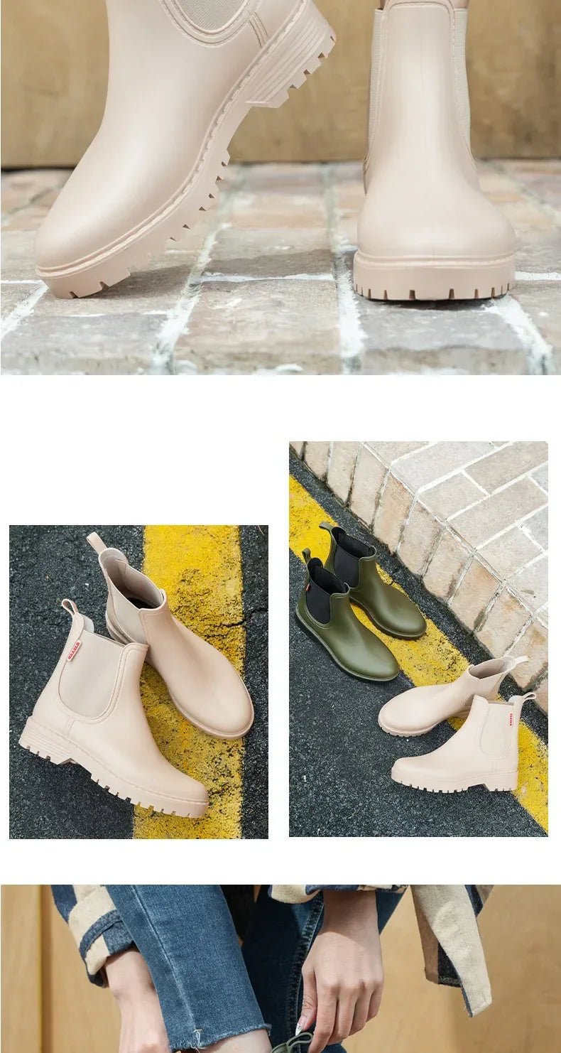 Women's short tube anti slip rain shoes, lightweight waterproof water shoes, fashionable Chelsea rain boots, PVC one-time moldin