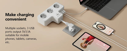 3840W EU Plug Power Strip with 2USB-A and Type-C Fast Charging Outlets Adapter Electrical Socket 250V 16A with Expansion Cable