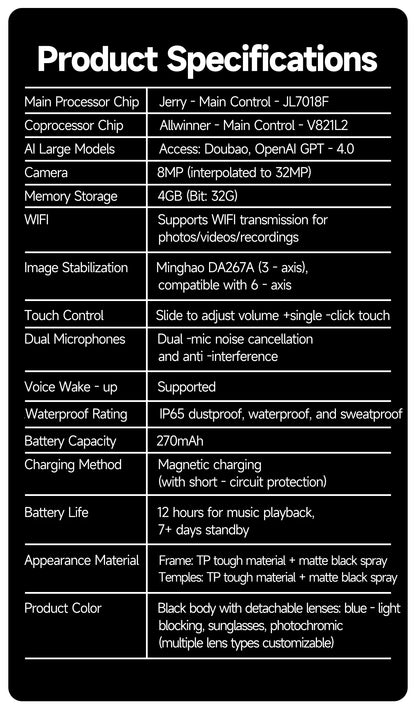 Lunettes intelligentes 8 mégapixels, enregistrement vidéo, reconnaissance photo IA, traduction de réponses, batterie 270 mAh, étanche IP65, Bluetooth