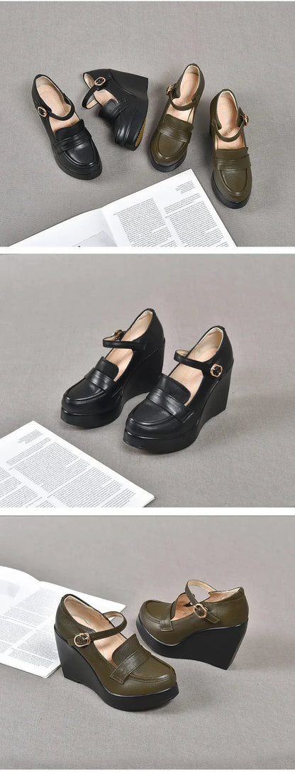 GKTINOO 2025 Wedges Women Shoe Spring Autumn Slip-On High Heels Round Toe Genuine Leather Casual Ladies Platform Shoes Woman