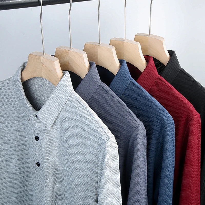 New Men's Business Fashion Casual Long Sleeved Shirt Solid Color Polo Shirt Fashionable Breathable Comfortable Versatile Top