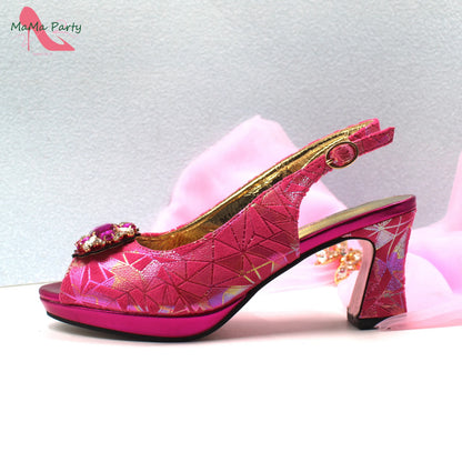 Fashion Peep Toe Sandals Italian Design Nigerian Shoes and Bag Set in Fuchsia Color Sweet Style for Wedding Party