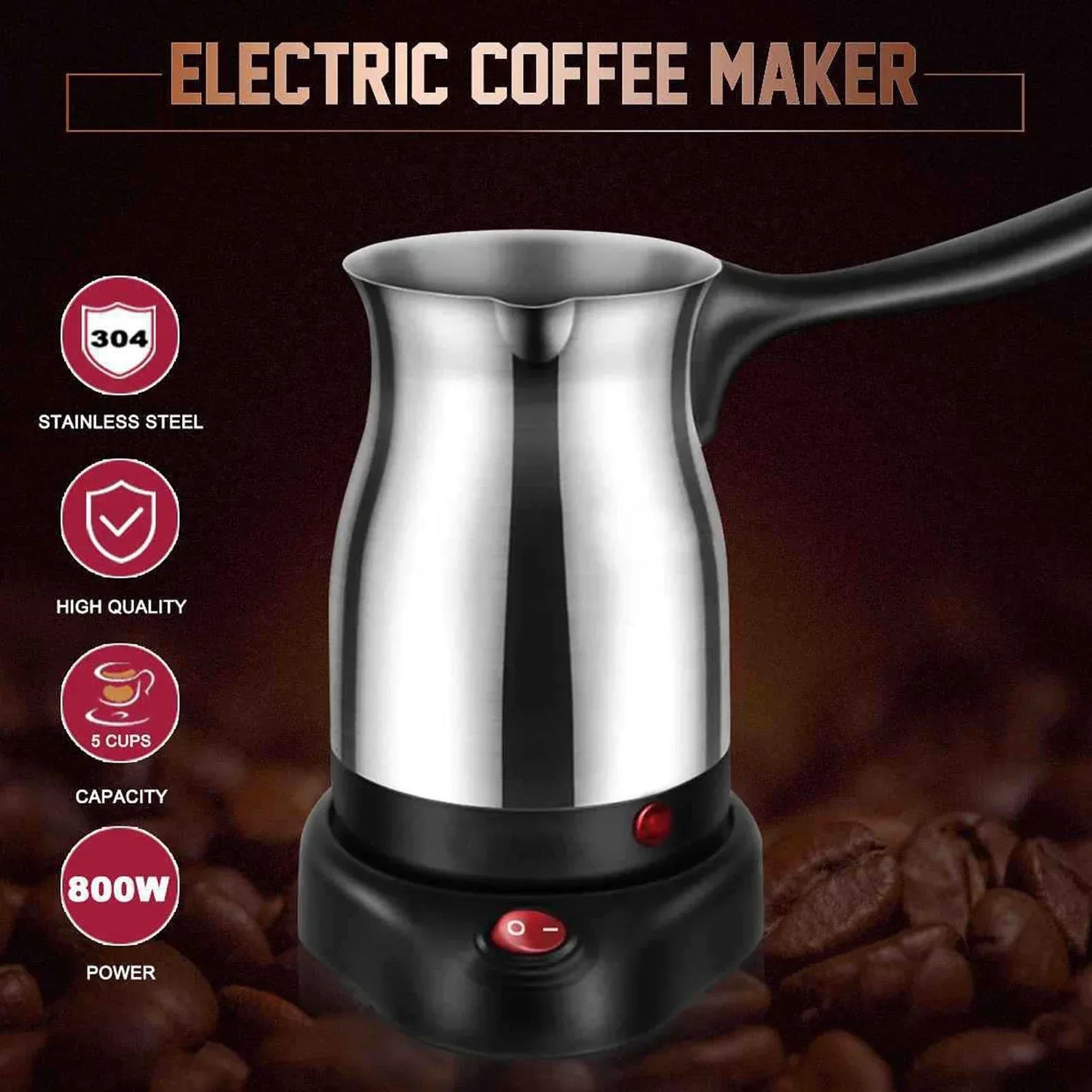 600ML Stainless Steel Electric Coffee Pot with Ergonomic Handle Turkish Coffee Maker Kettle for Home