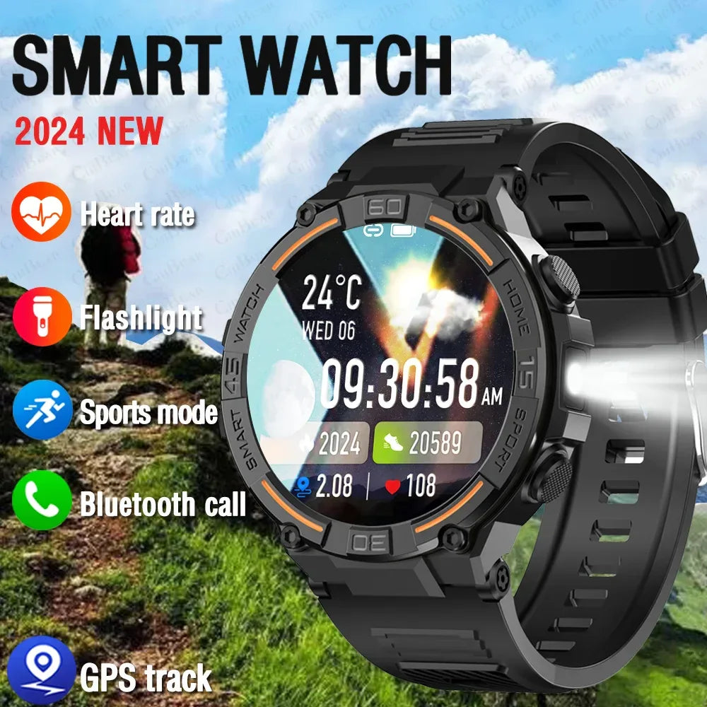 2025 New Sport Smart Watch Men 360*360 HD Screen Flashlight Health Monitoring IP68 Waterproof Heart Rate BT Call Smartwatch Man