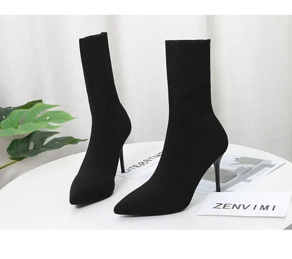 Comemore Knitting Stretch High Heels for Women Fashion Shoe 2025 Spring Autumn Ankle Boot Female Sexy Sock Boots Plus Size 34 42