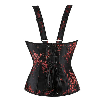 Corset Top Bustier Strap Embroidery Flower Plus Size Overbust Corselet Burlesque Sexy Lingerie Women Red Black DropShipping