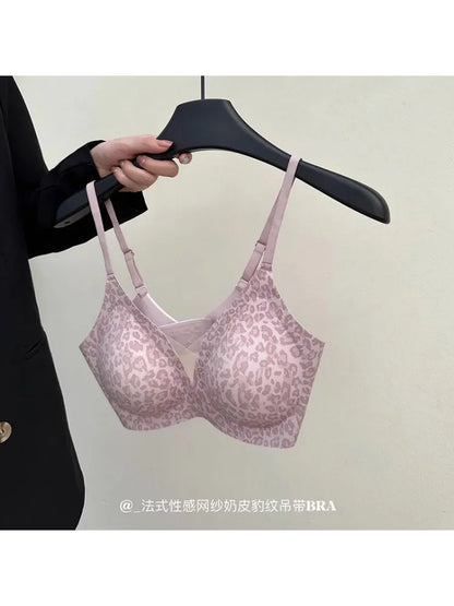 YUQI Leopard Print Bra - Ultra Thin No Underwire, Anti-Sag Bralette, Big/Small Chest Lightweight Gather, Breathable Smooth