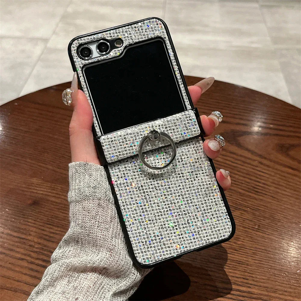 Luxuxy Glitter Sequin Ring Holder Bracket Phone Case For Samsung Galaxy Z Flip3 Z Flip5 Z Flip6 4 Blingbling Back Cover