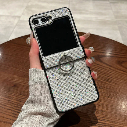 Luxuxy Glitter Sequin Ring Holder Bracket Phone Case For Samsung Galaxy Z Flip3 Z Flip5 Z Flip6 4 Blingbling Back Cover