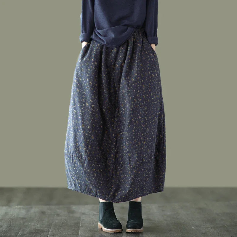 Careaymade New Autumn Winter Print Cotton Skirt Women Elastic Waist Thick Warm Long Skirts Female Loose Vintage Skirts