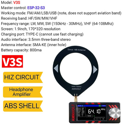 Upgraded V3S AMNVOLT Mini SI4732 DSP Radio Receiver FM AM SSB LSB USB Full Band Pocket Radio with Hi-Z Headphone Amplifier