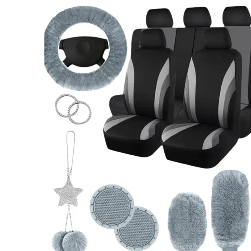 17Pcs Striped Design Universal Car Seat Cover Set Including Front Seat Cover Handbrake Shift Coverfluffy Steering Wheel Cover by PDG ibma