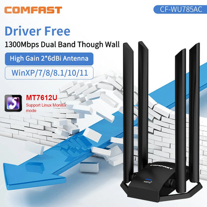 COMFAST 1300M Adaptador Wi Fi Banda Dupla Sem Fio 2.4G/ 5GHz 4 Antenna USB3.0 Wireless USB Placa Wifi Pra PC  Kali Linux Adapter