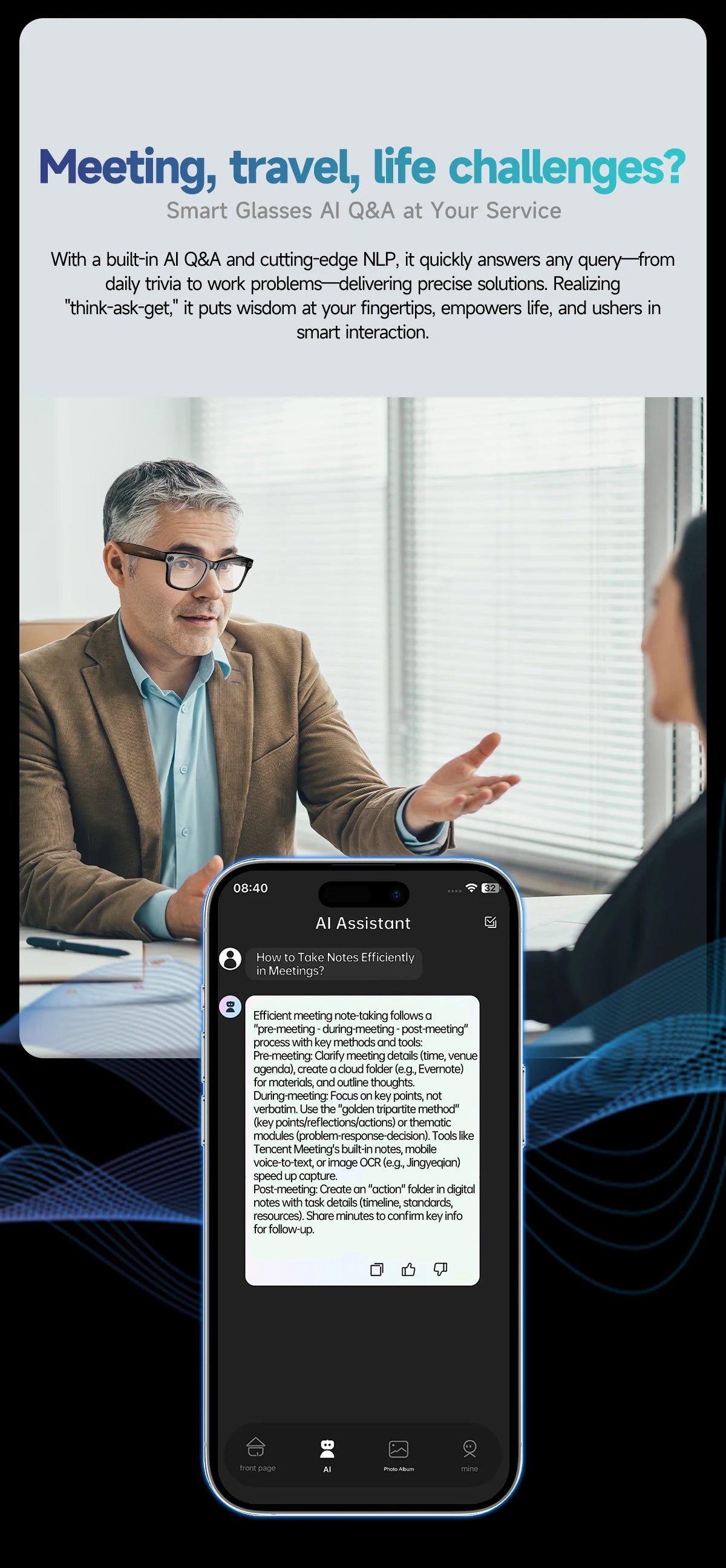 Lunettes intelligentes IA avec caméra 8 MP, enregistrement vidéo, traduction de plus de 100 langues, appels Bluetooth et lecture de musique. Modèle homme/femme (2025).