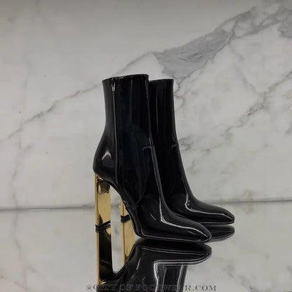 Pointed Toe Black Patent Leather Knee High Boots Zip Gold Heeled Sexy Women 2023 Winter New Tall Boot Luxury Designer Shoes