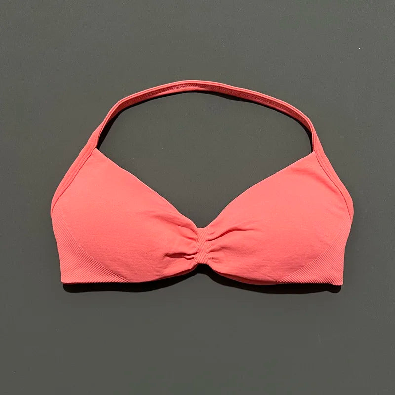 HISTELLO Strappy Bra Gym Top Women High Support Thin Strap Halter Sports Seamless Bras Scrunch Push-up Workout Yoga Tank Tops