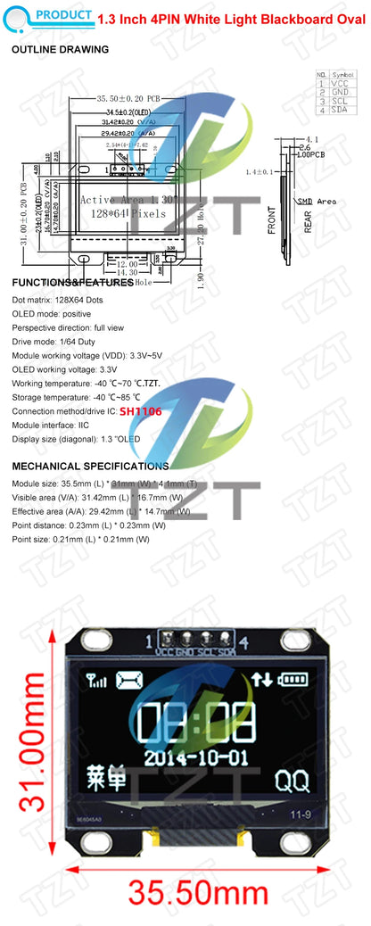 1.3 inch OLED module SPI/IIC I2C Communicate white/blue color 128X64 1.3 inch OLED LCD LED Display Module 1.3" OLED Module