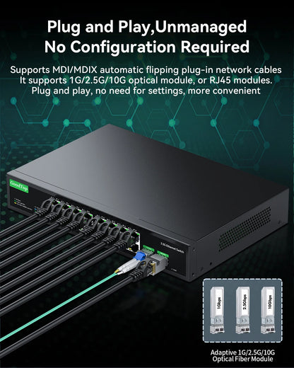 GoodTop 16 Port 2.5G Ethernet Switch with 2 Port 10G SFP+ Network Switch 120G Bandwidth Unmanaged Networking Home Lab Switch