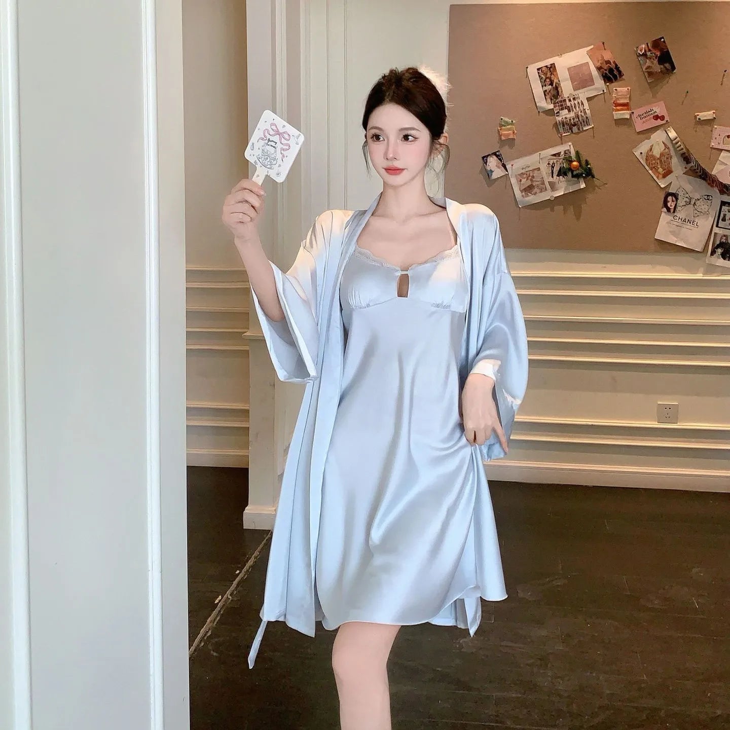 Robe Gown Sets Women Summer Silk Dress Leisure Elegant 2pcs Sleep Lounge Robe Sleepwear Womens Nightdress Soft Bathrobe