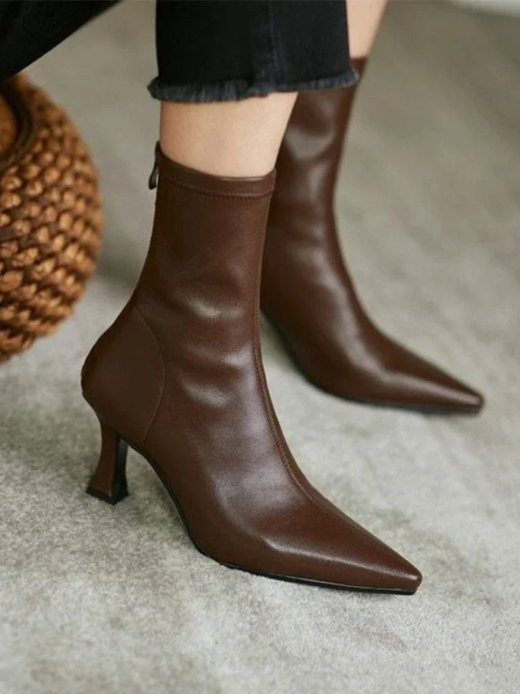 Women High Heel Short Leather Boots  New Boots Female Pointed Thin Heel Boots Ladies Ankle Short Boots Botas De Mujer 2024