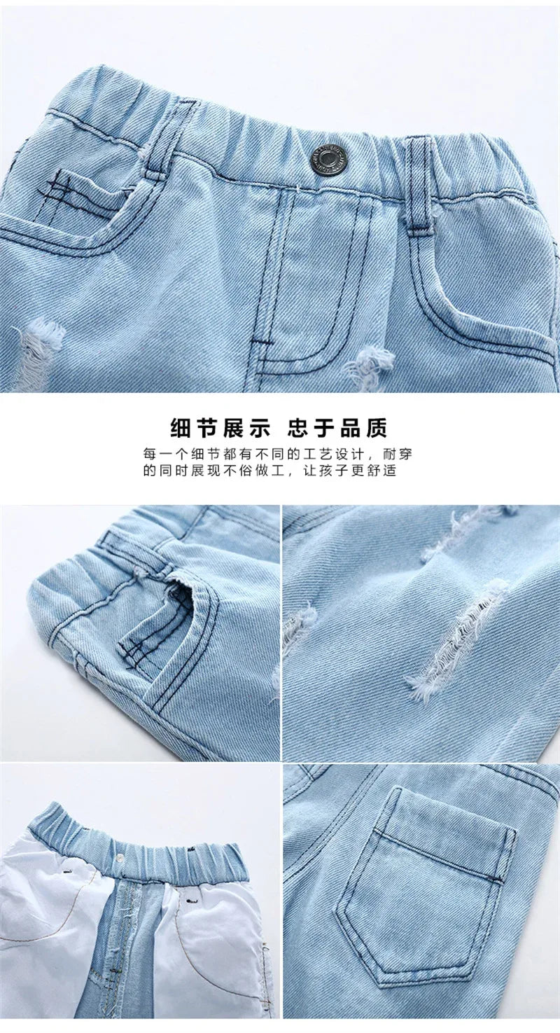 Boy Summer Shorts Infant Fashion Torn Trousers Children knee Length Pants Kids Casual Denim Jeans 2024 Baby Elastic Waist Shorts