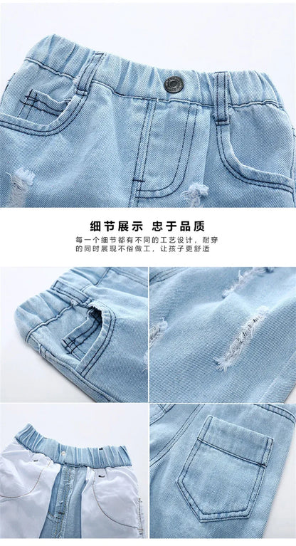 Boy Summer Shorts Infant Fashion Torn Trousers Children knee Length Pants Kids Casual Denim Jeans 2024 Baby Elastic Waist Shorts