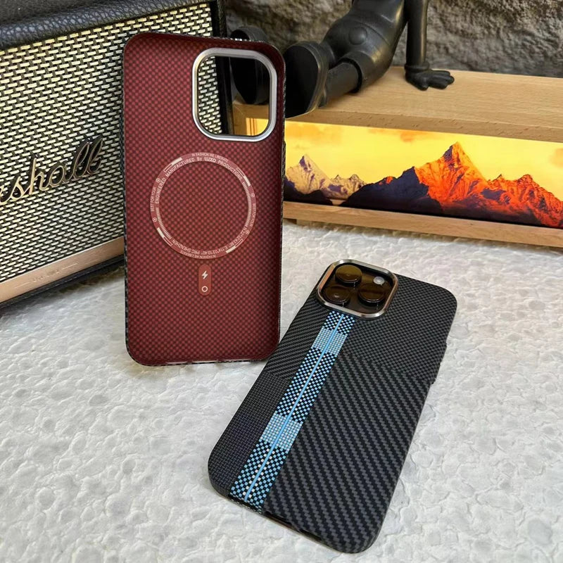 Carbon Fiber Texture Magnetic Armor Case For iphone 17 17Pro Max 16 Pro 15 14 13 Ultrathin Alloy Lens Wireless Charge Hard Cover