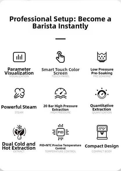 20Bar Pressure, Dual Brew (Hot/Cold), Smart Touchscreen, Milk Frother, Fast Heating, Energy Saving - Perfect for Home Baristas