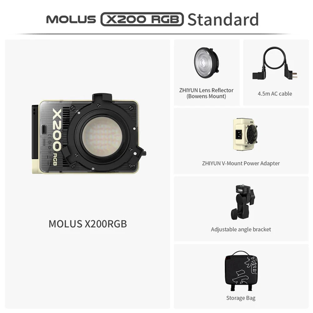 ZHIYUN MOLUS X200 RGB X200 Bi-color LED Video Light 200W High Brightness Adjustable Color Temp APP Control for Vlogging Filming