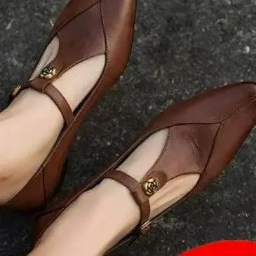 Ladies Black Leather Mary Jane Flats with Metal Rose T-Strap Slip On Casual Ballet Shoes Women's Comfortable Flats