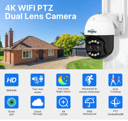 Hiseeu 4K 8MP Dual Lens PTZ Wifi IP Camera 8X Zoom Outdoor HD Full Color Night Vision Human Detection Video Surveillance Cameras