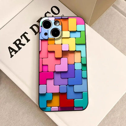 Men's cool creative cube Building Block IMD Phone Case FOR IPhone 16promax 14 11 12 Pro 8 7 15 Plus 13 Pro MAX XR XS Black Cover