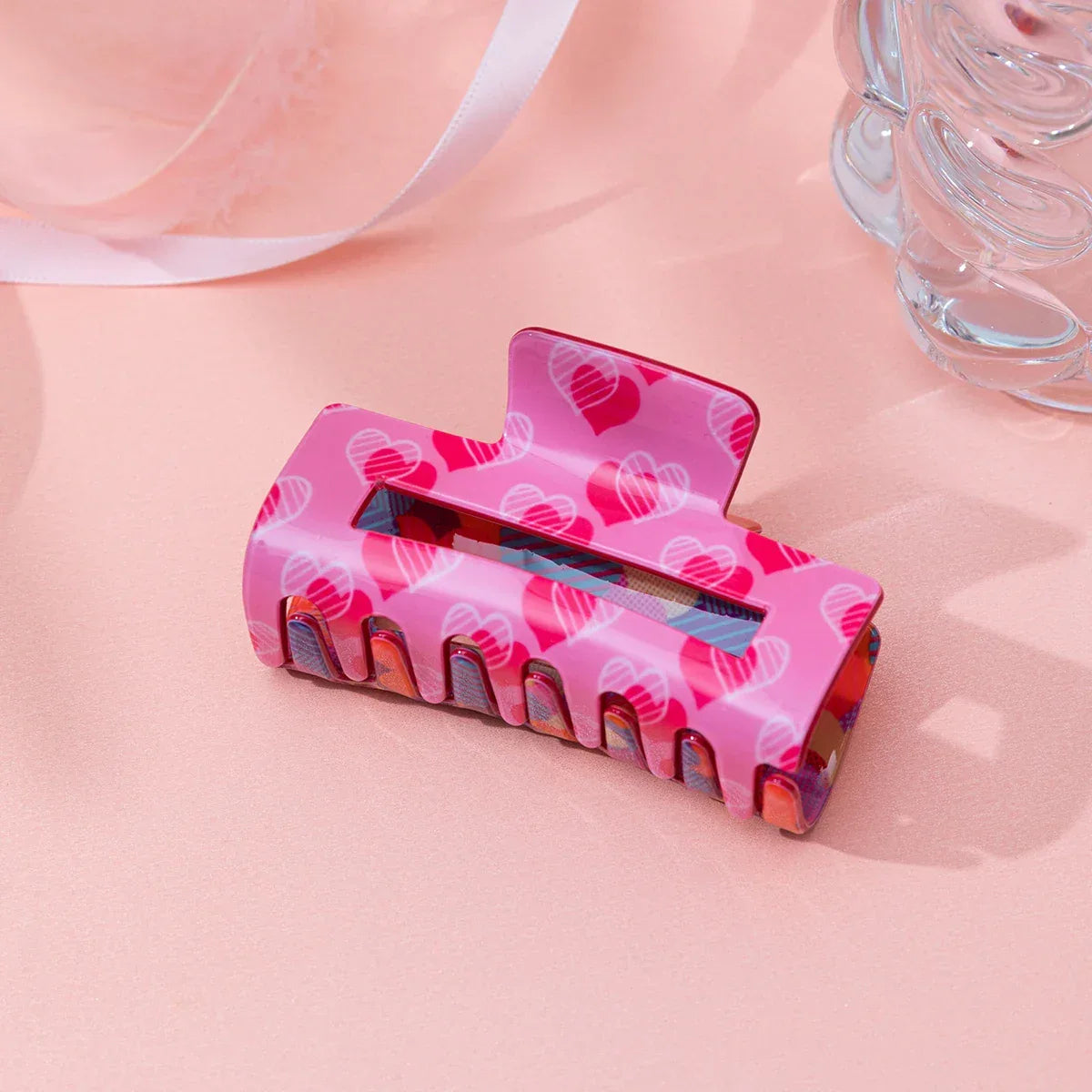 Valentine's Day Romantic Pink And Red Heart Grab Plastic Clip Large Square Hair Claw Back Updo Shark Clip Gifts For Grilfriend