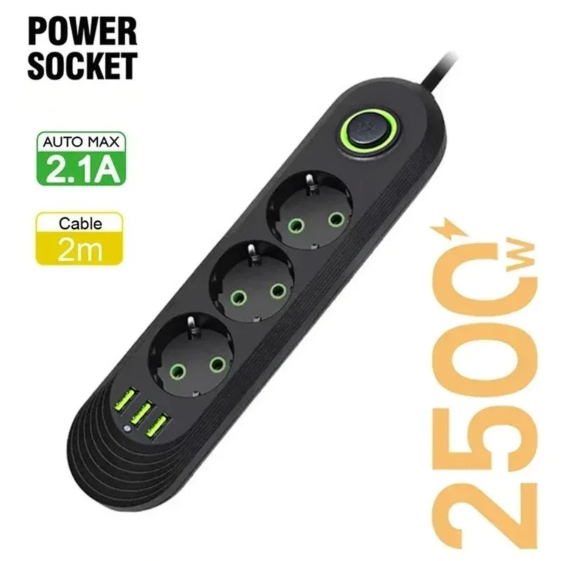 2500W EU Plug Power Socket 2m Extension Cable 3 USB Jack 3/4/5 Holes Power Strip Socket Network Filter With USB Ports Charging