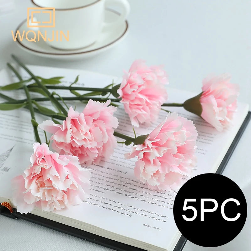 5PCS,Red Carnations Artificial Silk Flowers Bouquet Wedding Party Home Decorations Fake Flowers Photo Props Mother's Day Gift