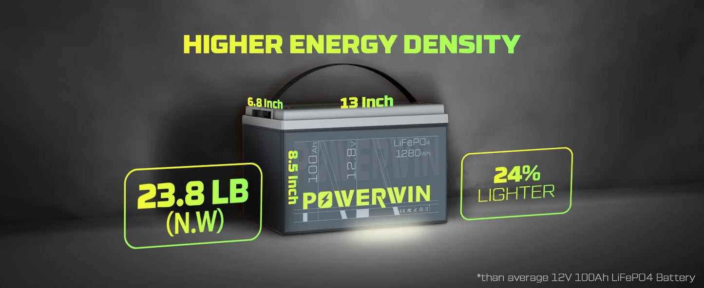 POWERWIN BT100 12.8V 100Ah 1280Wh LiFePO4 Battery 4000+Deep Cycle Rechargeable Built-in BMS Grade A Cell Solar Power Inverter