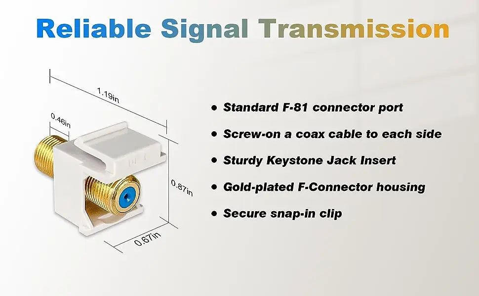 ZoeRax 10-Pack Coaxial Keystone Jack Insert, Gold-Plated RG6 Keystone Jack Insert F-Type Keystone Connectors