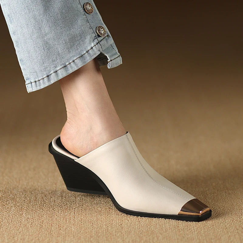 2025 New Ladies Genuine Leather Metal Head Mules Fashion Med Chunky Heels Summer Wedges Slippers Women Casual Office Shoes Woman