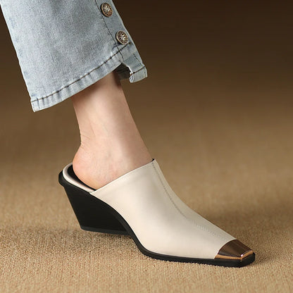 2025 New Ladies Genuine Leather Metal Head Mules Fashion Med Chunky Heels Summer Wedges Slippers Women Casual Office Shoes Woman