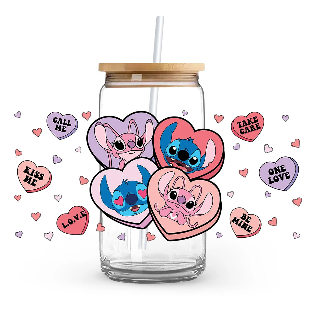 Valentine's Day cartoon Mickey Minnie Stitch Love 16oz Glass Cup UV DTF Transfer Film High-Quality Wraps Transfer Decals