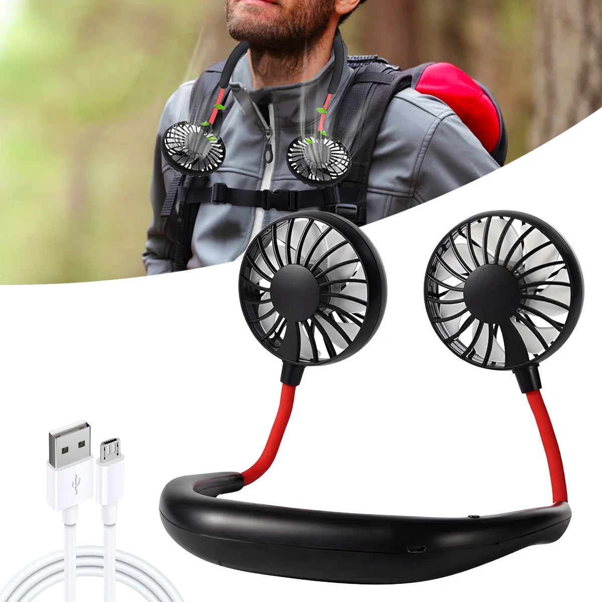 USB Rechargeable Mini Sports 3-Speed Adjustable Neck Dual Fan Home OfficeOutdoor Travel Portable Hanging Neck Fan